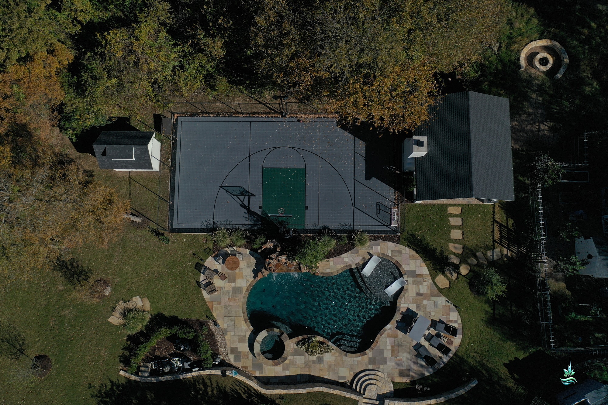 Aerial view swimming pool scene